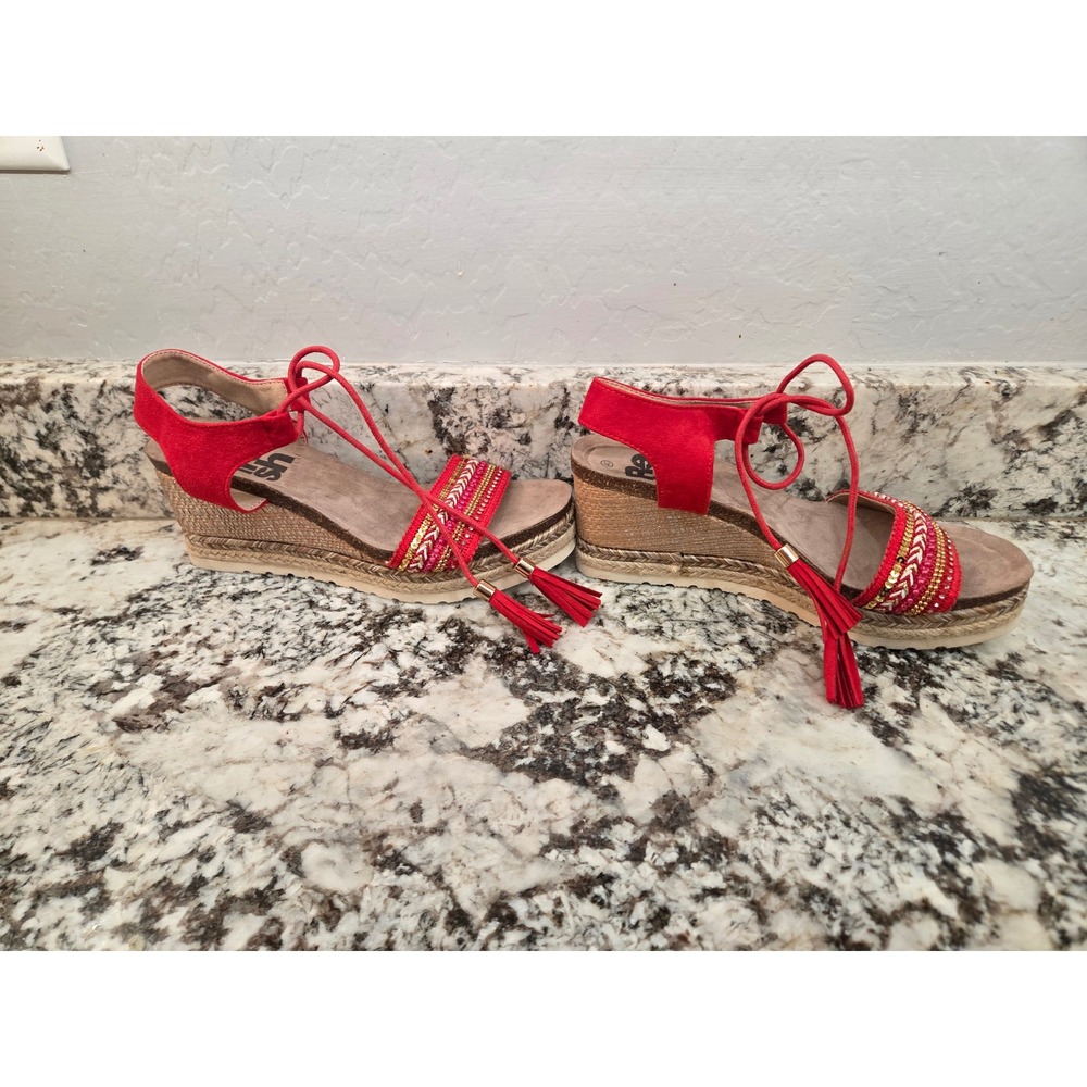 Refresh Red Boho Beaded Espadrille Wedge Sandals Ankle Tie Tassel 40 EU 9.5 US - Picture 12 of 13